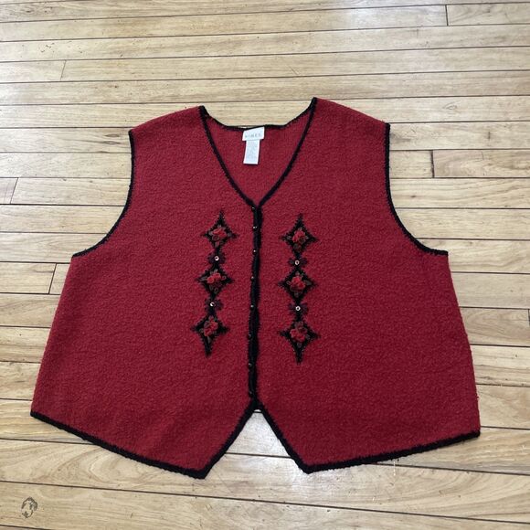 Koret Vtg 90s Wool Sweater Vest Women 2X Red 3D Art Floral Beaded Button Knit - Picture 3 of 16